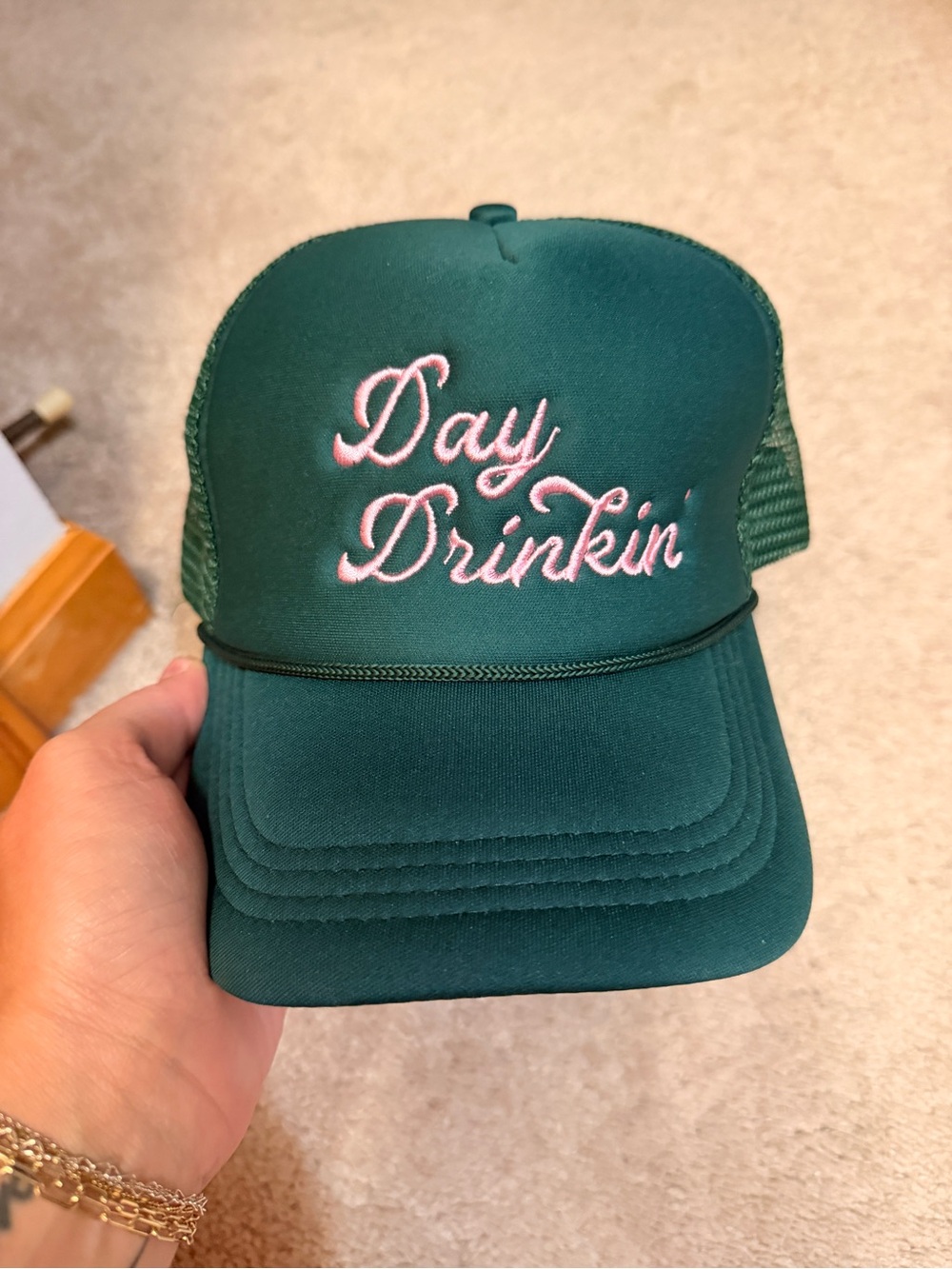 Green "Day Drinkin" Trucker Hat with Pink Embroidery